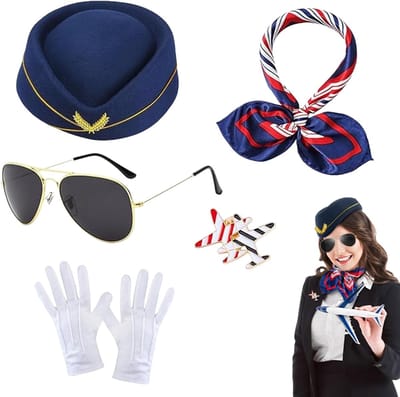 Professionele Stewardess Kostuum Set voor Vrouwen met Hoed, Handschoenen en Broche - Perfect voor Halloween, Cosplay en Feestjes