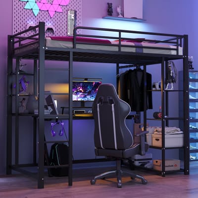 Hoogslaper met ladder, afmetingen 90*200 cm, eenpersoons-/kinderbed, inclusief tafel, eenvoudig ophangsysteem en opbergvak, zwart.