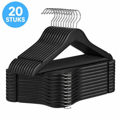 Kledinghangers Hout – Set van 20 Zwarte Houten Kleerhangers – Anti-slip Broeklat & Inkepingen – 360° Draaibare Haak – 44,5 cm – Draagt 5 kg – FSC – Monza Home