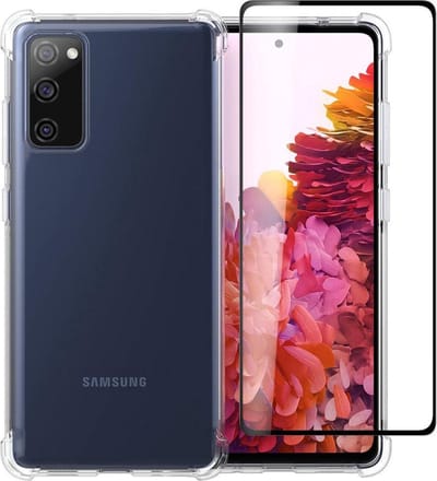 HB Hoesje en Glas Geschikt voor Samsung Galaxy S20 FE - Transparant - Anti Shock Hybrid Back Cover + 1x Volledige Display Screenprotector