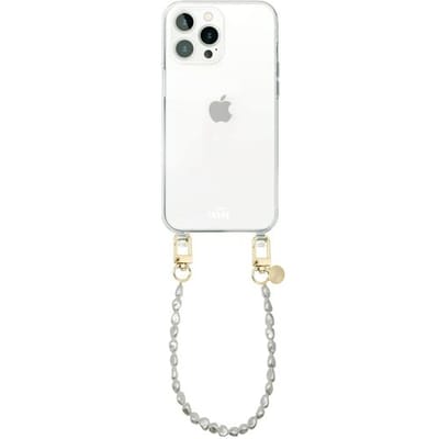 xoxo Wildhearts siliconen hoesje - Geschikt voor iPhone 16 Pro Max hoesje - Pearlfection - Telefoonhoesje - Hoesje met koord - Parelketting - kort telefoonkoord - Transparant hoesje (korte variant)