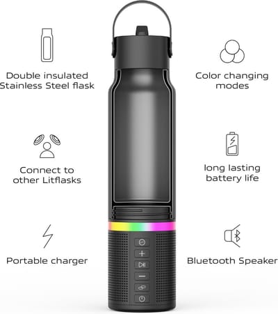 Xcruiser Smart Water Bottle with Premium Bluetooth Speaker, Portable Charger, LED Light, Stainless Steel, Mix & Match Colors, 20oz - Oprah's Favorite Things 2024