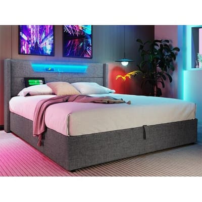 ModernLuxe Opbergbed 160x200cm gestoffeerd in linnenstof - met LED en oplaadpoorten - met lattenbodem - Grijs