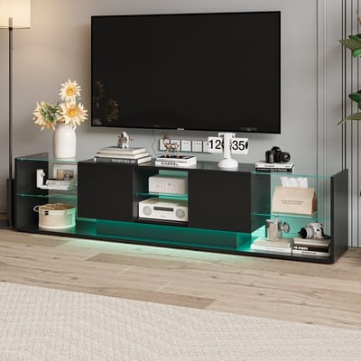 Moderne zwarte TV-meubel 200 cm – hoogglans afwerking, LED-verlichting met APP- & afstandsbediening, 2 opberglades – stijlvol lowboard met LED-strip voor woonkamer