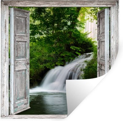 Muurstickers - Sticker Folie - Waterval - Doorkijk - Landschap - 100x100 cm - Plakfolie - Muurstickers Kinderkamer - Zelfklevend Behang XXL - Zelfklevend behangpapier - Stickerfolie
