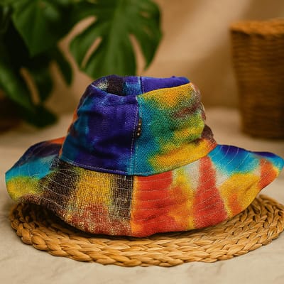 Ancient Wisdom - Hoed - Gepatchte boho festivalhoed van hennep en katoen - tie-dye - hoofddeksel - zomeraccessoire - festivalgear - accessoire - hoofdtooi