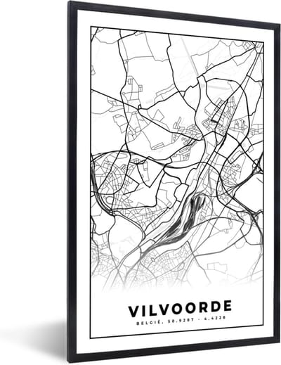 Fotolijst incl. Poster Zwart Wit- Stadskaart – Plattegrond – België – Zwart Wit – Vilvoorde – Kaart - 40x60 cm - Posterlijst