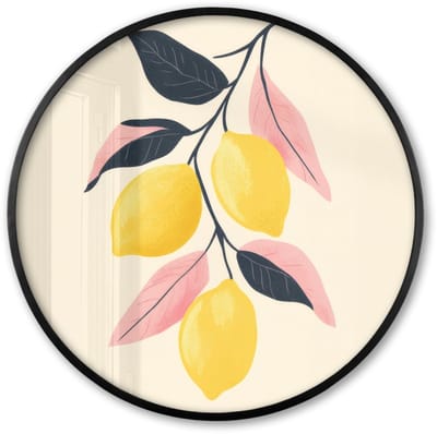 Poster in lijst Rond - Fotolijst 60x60 cm - Posters - Citroenen - Felgeel - Tak - Bladeren - Ronde posterlijst zwart - Decoratie - Wanddecoratie woonkamer - Muurdecoratie slaapkamer