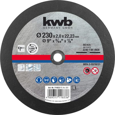 kwb metaaldoorslijpschijf 230 x 1,9 mm dun, boring 22,23 mm voor haakse slijpmachines, geschikt voor roestvrij staal