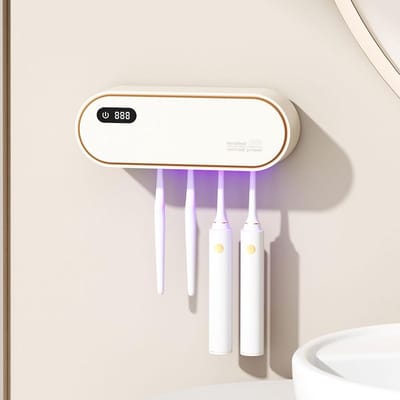 UV Sanitizer Wandhouder voor Tandenborstels zonder Boren met Droog- en Timerfunctie, Oplaadbare 1800 mAh, 4 Slots, Badkameraccessoires voor Kinderen en Volwassenen