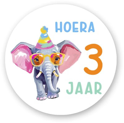 25x Traktatiestickers Olifant – 3 jaar - Ø 4 cm – Perfect voor Kindertraktaties