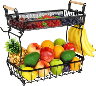 Famanu - 2-laagse fruitschaal met dubbele bananenhaak, grote metalen fruitmand zwart