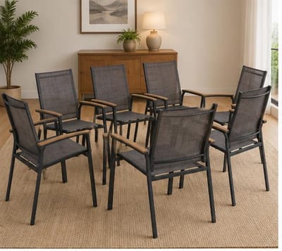 Tuinstoelen Set van 8 63,5x61x99 cm – Stapelbare Aluminium Terrasstoelen met Textilene Zitting en Houtlook Armleuningen – Weerbestendige Balkonstoelen voor Tuin, Veranda en Terras – Mobili Bella