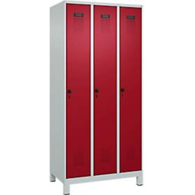 C+P Evolo Plus garderobekast, 3 vakken, 300 mm vakbreedte, met poten, draaibare grendel, B 900 x D 500 x H 1950 mm, lichtgrijs/ruinrood