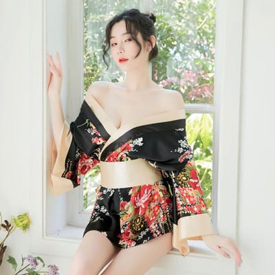 Sexy Lingerie Showa Kunst Kimono Verleiding Diepe V Privé Huis Sexy Cos Nachtjapon Holle Print Pyjama Dames One Size zwart