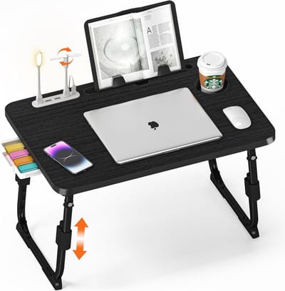 Hoogte Verstelbaar Laptopbureau voor Bed - Opvouwbare Laptoptafel met USB, Opberglade, Bekerhouder en Tablet-standaard