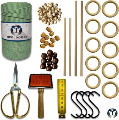 Deluxe Macramé Pakket | Mintgroen | 200 METER | Triple Twist | 3mm | Starter Set | Schaar | S-haken | Kam | Meetlint | Ringen | Kralen | Stokken | Macramé Touw | 100% Katoen | DIY | Macramé | Wandkleed | Plantenhanger | TheOldOmen