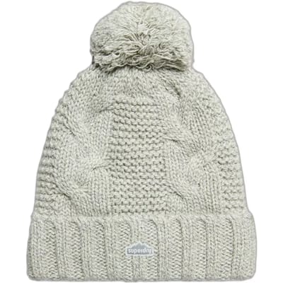 Superdry Kabelgebreide Beanie met Pompon Lichtgrijs Grootte: 1SIZE