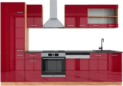 Vicco R-Line Complete keukeneenheid – 300 cm, WB Antraciet Rood hoogglans/gouden eik