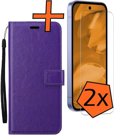 Hoes - Met 2x Screenprotector - Geschikt voor Google Pixel 9a - Luxe Pasjeshouder - Bookcase Portemonee - Flip Case - Kunstleer Book Case - Flipcase Hoes - Book Cover - Walletcase - PortemonneeHoes - Paars