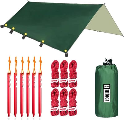 Tarp 3 x 4 m Campingtentzeil voor Hangmat - Licht - Zonwering - UV-Bescherming - Waterdicht - Multifunctioneel - Outdoor Wandelen - Donkergroen