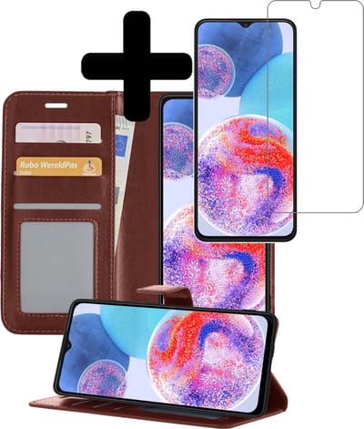 Hoesje - Met Screenprotector - Geschikt voor Samsung Galaxy A23 - Luxe Pasjeshouder - Bookcase Portemonee - Flip Case - Kunstleer Book Case - Flipcase - Book Cover - Walletcase - Portemonneehoes - Telefoonhoesjes - Bruin