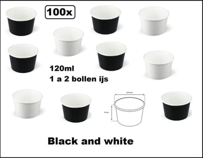 100x IJsbeker zwart en wit 120ml karton - 1 a 2 bollen - IJs beker - Black and White Party schepijs softijs ijsje zomer festival thema feest