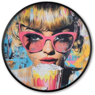 Poster in lijst Rond - Fotolijst 60x60 cm - Posters - Zonnebril - Vrouw - Kleurrijk - Verfspetters - Ronde posterlijst zwart - Decoratie - Wanddecoratie woonkamer - Muurdecoratie slaapkamer