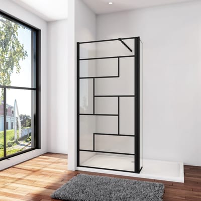 Inloopdouche 80x200cm met zwart decor, 30x200cm draaibaar hoekprofiel,73-120cm Stabilisatiestang,8mm NANO EasyClean veiligheidsglas
