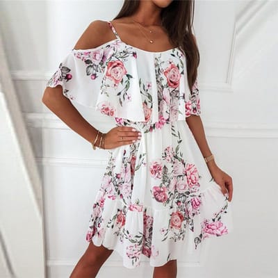 Dames slingjurk strand zomer chiffon bloemenprint off-shoulder middenlengte casual jurk elegante dames zoete jurk S wit