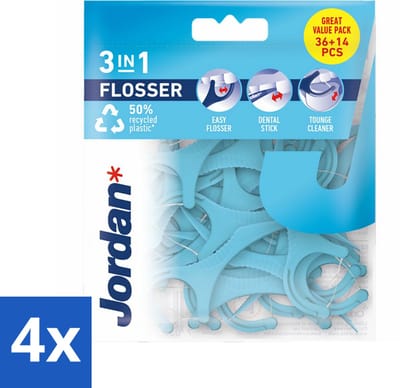 4 x Jordan Flosser 3-in-1 50 stuks per verpakking - 3-in-1 Flosser - Tandenstoker - Flosdraad - Tongschraper - Mondhygiëne
