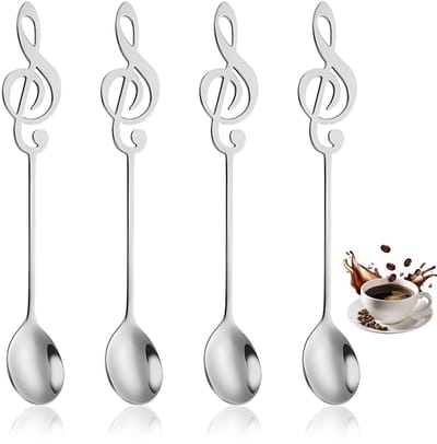 Dailygoods - 4 stuks koffielepels met muzieknoten, creatieve lepelset van roestvrij staal, dessertlepel voor koffie, ijs en thuis, decoratieve lepelset, muziekcadeau, zilver