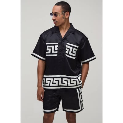 Oversized Short Sleeve Abstract Boarder Print Satin Shirt & Short Set | Black | Size XS
