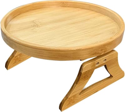 Banktafel met armleuning - Dienblad salontafel - Dranken en snacks - Eenvoudige clipmontage - Diameter 25 cm - Houtkleur