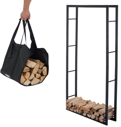 Lendo Online brandhoutrek 100x25x196cm + draagtas - Binnen en buiten -haardhout opslag – haardhoutrek – houtopslag – zwart - metaal