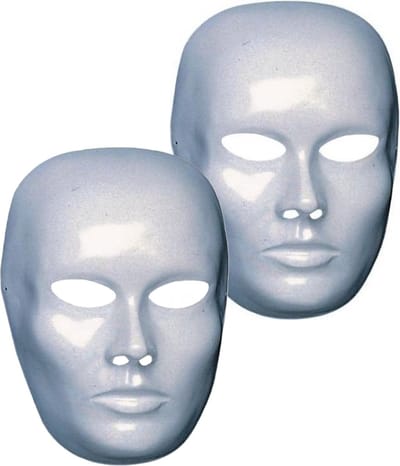 Carnaval verkleed blanco gezicht masker heren - 2x - wit - plastic - beschilderbaar - met elastiekje - volwassenen