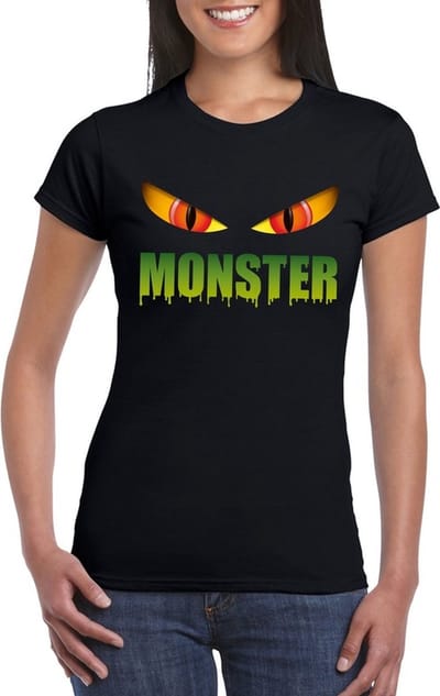 Halloween monster ogen t-shirt zwart dames - Halloween kostuum M