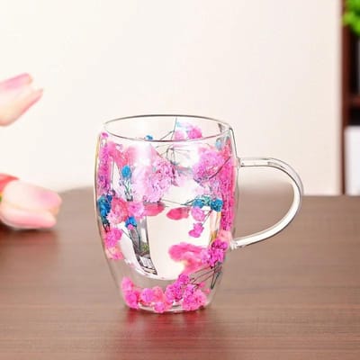 Gedroogde Bloem Dubbelwandige Glazen Mok 350ml Koffiemok met Gedroogde Bloemen Decoratieve en Creatieve Bloemenmok Dubbelwandige Bloemenkop 350ml pink