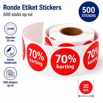 70% Korting Stickers 35 mm - 500 stuks op Rol - Kortingsstickers Afprijs Promotie Sticker - Actiesticker - Dappaz