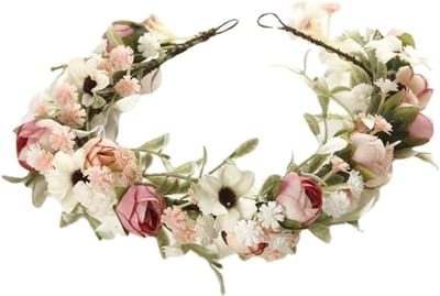 Bloemen Hoofdband - Bloemenkrans Hoofddeksel - Bruiloft Feest - Natuurlijk Levendig - 18 x 2.5 cm - Roze