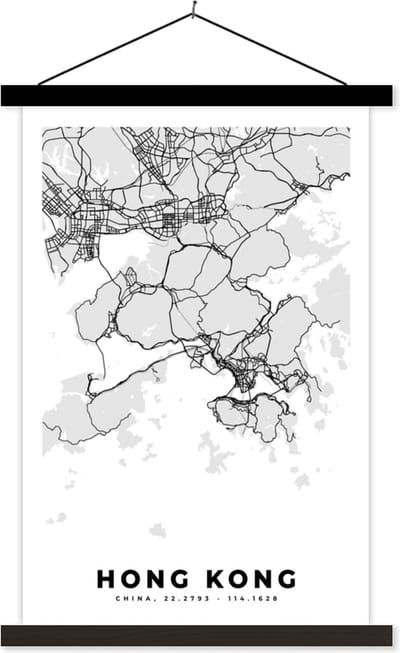 Posterhanger incl. Poster 40x60 cm - Schoolplaat - Hong Kong - Stadskaart - Zwart Wit - Plattegrond - Kaart - Textielposter - Zwarte latten - Stadskaart