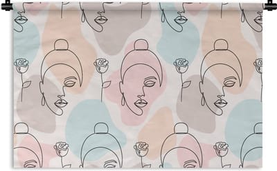 Wandkleed - Wanddoek - Vrouw - Bloemen - Line Art - Pastel - Patroon - 90x60 cm - Wandtapijt