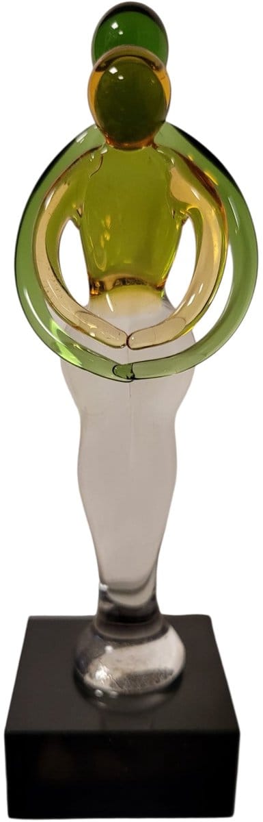 Glas sculptuur "Liefde en Geborgenheid" – handgemaakt – groen geel – 4x4x13 cm – symbolisch geschenk
