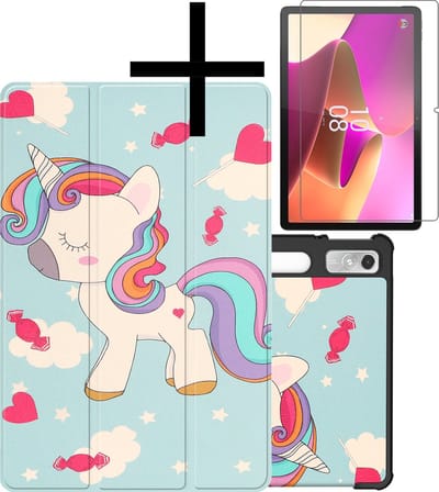 Hoes - Geschikt voor Lenovo Tab P11 Pro - Met Screenprotector - Trifold Bookcase - Hard Cover Case - Met Uitsparing Geschikt voor Lenovo Pen - Hardcover Book - Tablet Hoesje - Eenhoorn