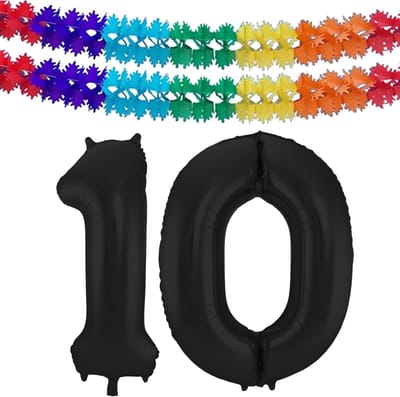 Folat folie ballonnen - Leeftijd cijfer 10 - zwart - 86 cm - en 2x feestslingers gekleurd 600 cm - versiering - feestartikelen