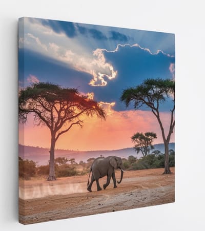 Saammp Canvas Schilderij - olifant in de serangeti - Afrika - Dieren - 20x20 - Foto op canvas - Wanddecoratie - muurdecoratie Woonkamer - Slaapkamer decoratie - Canvas Print