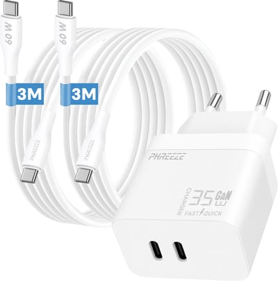 Phreeze usb C oplaadset 35w - GaN charger met 2x usb C naar usb C kabels 3m - Snellader voor telefoon en tablet