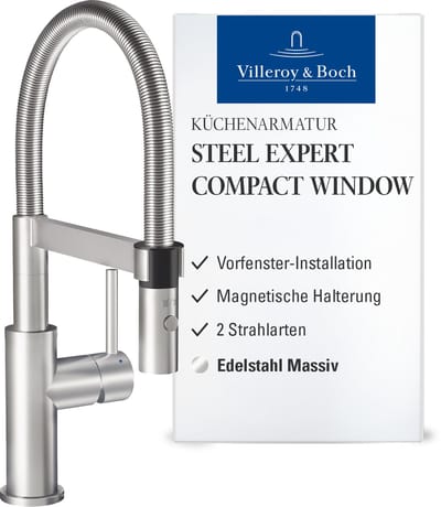 villeroy boch Villeroy & Boch Steel Expert Compact Window keukenkraan, 42x220x403mm, 929900, uit roestvrij staal, massief roestvrij staal, 929900LC