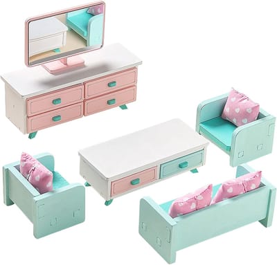 10 Pieces Mini Furniture and Accessories with Sofa Minimal Furniture Complete Set of Wood Mini for Living Room Table TV and 3 Armchairs Suitable for All Mini Houses, Pink