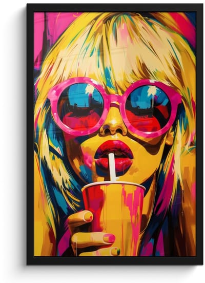 Poster in lijst - Fotolijst 40x60 cm - Posters - Zonnebril - Roze - Vrouw - Rietje - Posterlijst zwart - Decoratie - Wanddecoratie woonkamer - Muurdecoratie slaapkamer